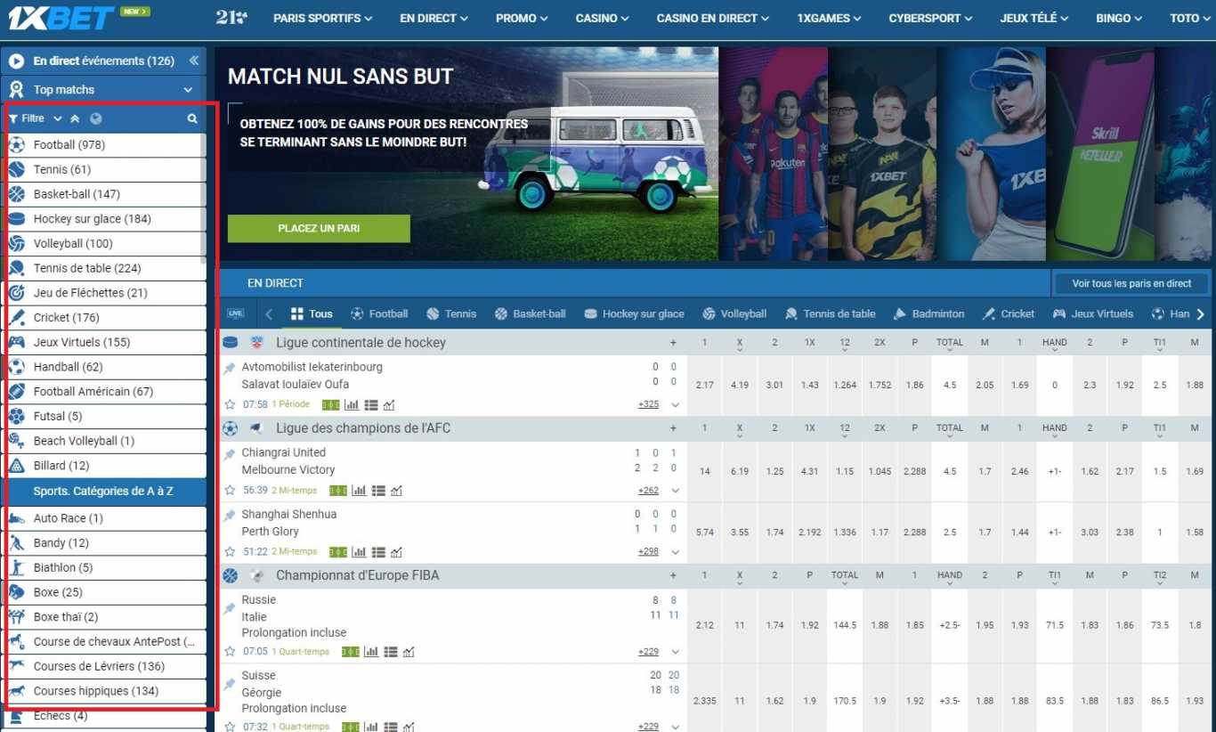 Types du sport 1xBet